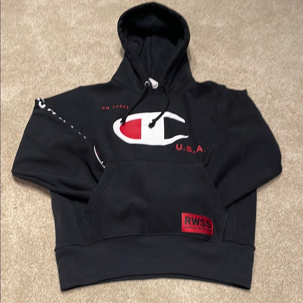 Champion Black Hoodie with Red and White Logo